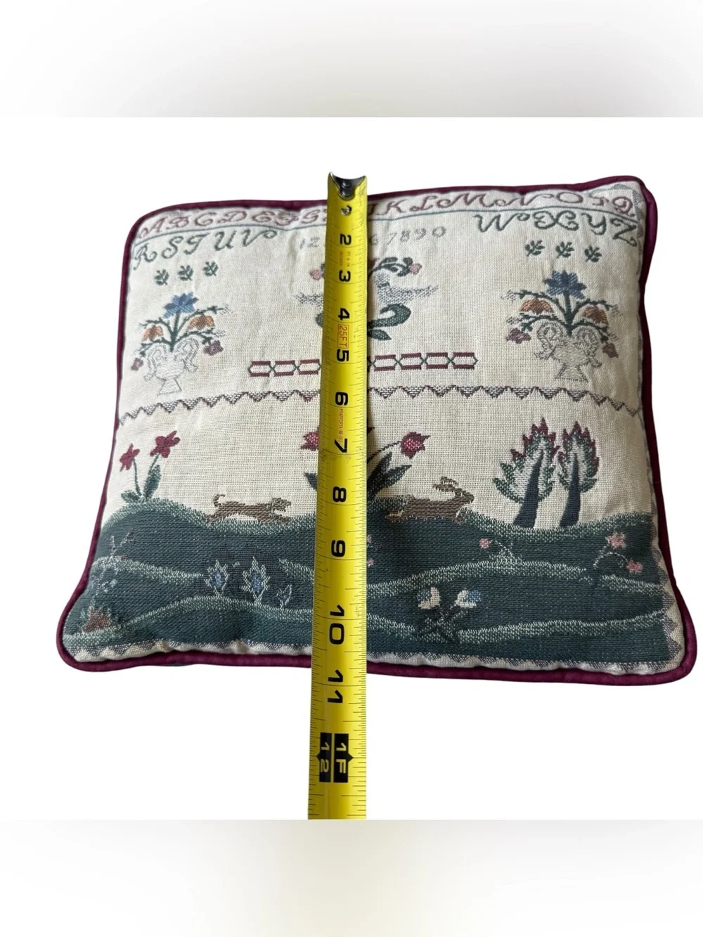 Vintage Folk Art Sampler Tapestry Pillow Cottagecore Grandmillennial Bunny Decor